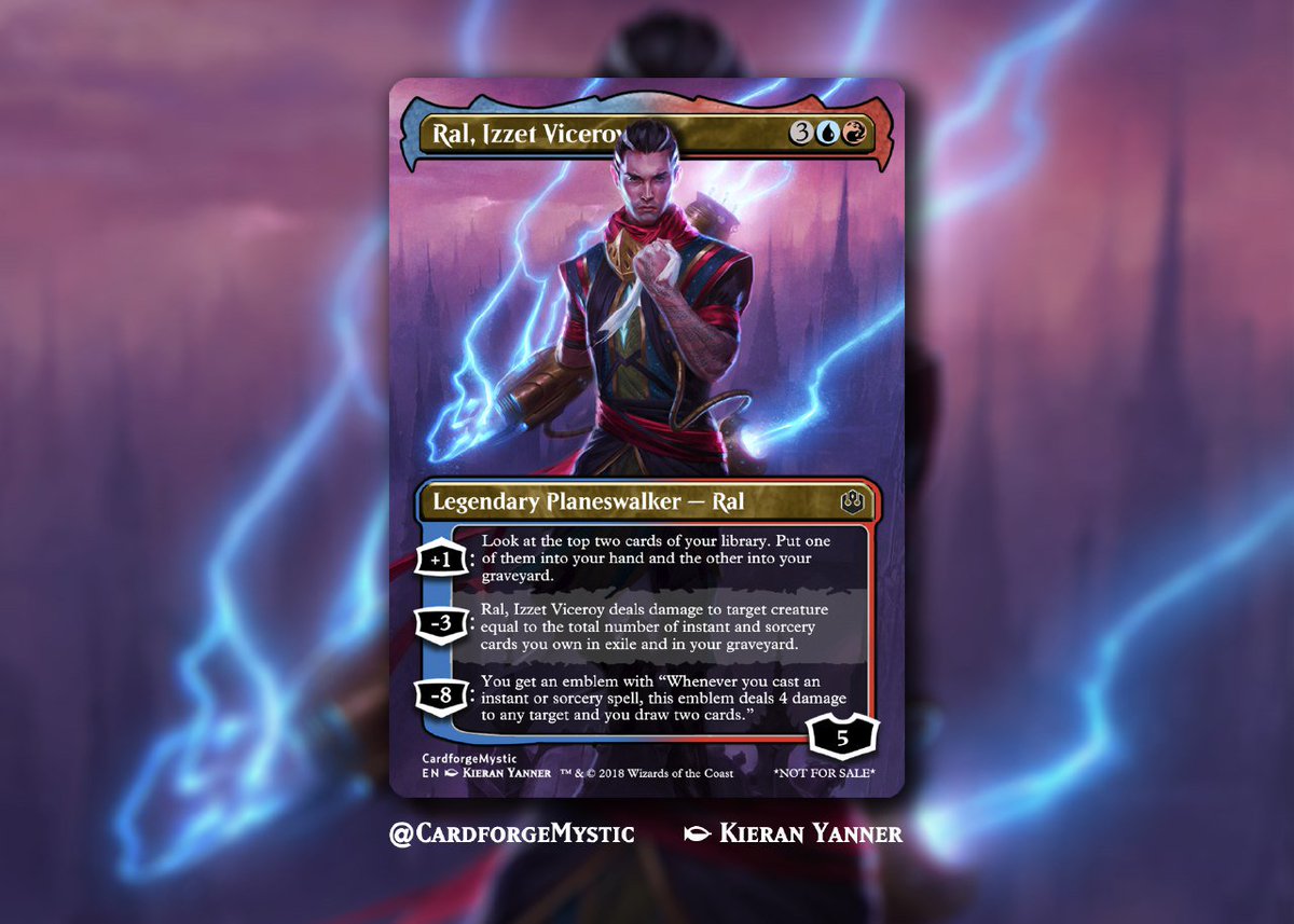CardforgeMystic's tweet image. Hello everyone! I'm a graphic designer based in Spain who loves to reinterpretate already existing #MTG cards. And I felt like the best way of launching this account was doing alternate versions of the two Planeswalkers that we're going to see in #GRN — Vraska and Ral!