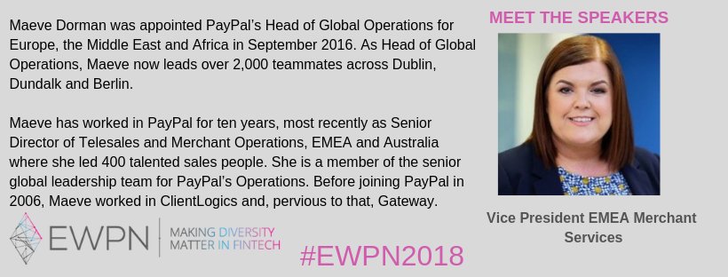 MEET THE SPEAKERS: Meet <a href="/dormamae/">Maeve Dorman</a>- Vice President EMEA Merchant Services <a href="/PayPal/">PayPal</a>. Join her and other panelists discussing #Women in #Leadership- #Mentors &amp; Leaders – Becoming more visible.: ewpnamsterdam2018.eu