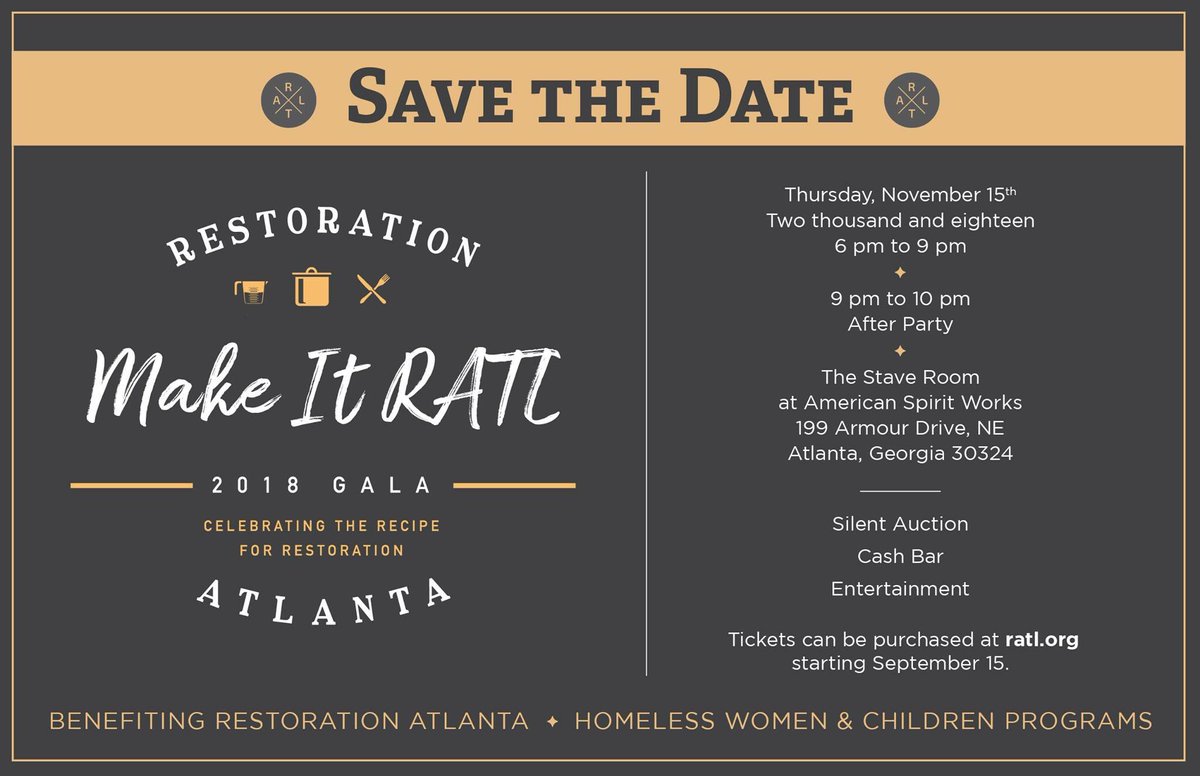 RestorationATL's tweet photo. SAVE THE DATE // 2018 Make it RATL Gala! Tickets are now available!

Join RATL for an evening of celebration!

Thursday, November 15th from 6 pm - 10 pm at The Stave Room in Atlanta.

Tickets &amp; Event Info in bio! https://t.co/DgD1hIzPlm