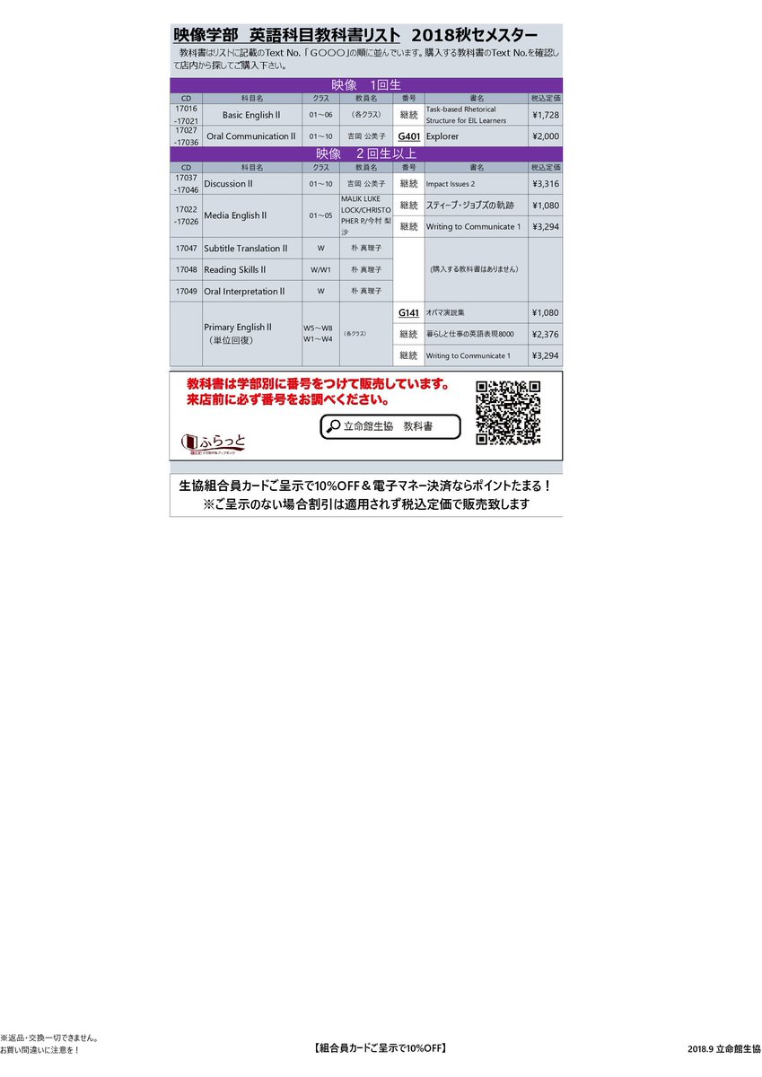 立命館生協ブックセンターふらっと 映像学部 語学科目一覧 秋セメスターの語学 英語 初修外国語 の教科書リストです あすは朝8 30開店 混雑しますので予め教科書のリストアップ 空きコマでの分散来店にご協力を 語学以外の科目はwebリストで検索 立命館生協ブックセンターふらっと 映像学部 語学科目一覧 秋セメスターの語学 英語 初修外国語 の教科書リストです あすは朝8 30開店 混雑しますので予め教科書のリストアップ 空きコマでの分散来店にご協力を 語学以外の科目はwebリストで検索