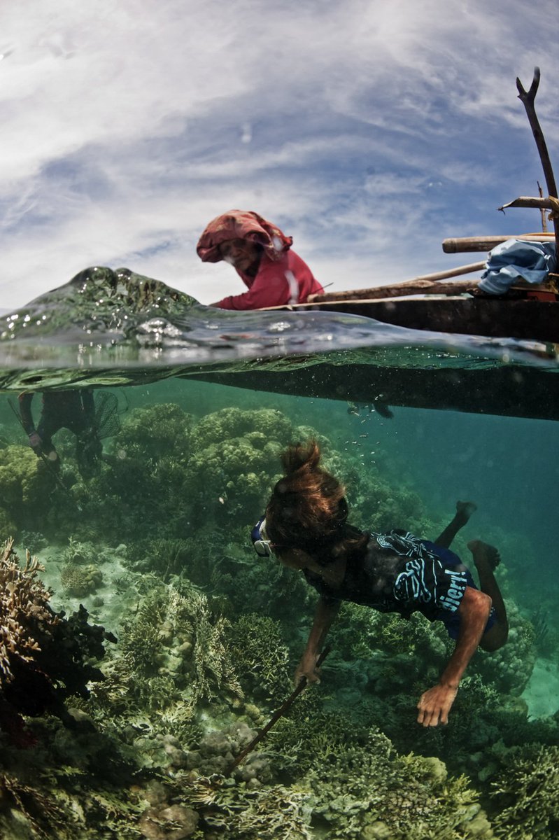 Ibu Ani looks on as her son, Ramdan forages the reef for clams. Since Ani's husband died of the bends as a result of compressor diving, she has relied on her son to support her during the six months of the year they spend together  at sea. #reef