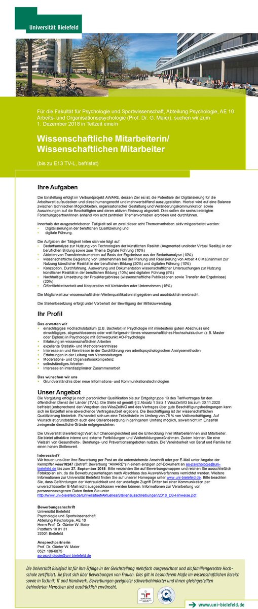 Wanted! We are looking for new researchers in a great project in the field of #digitization in vocational training and digital leadership <a href="/unibielefeld/">Bielefeld University</a>.
Apply for it til Thursday!
#wanted #unibielefeld #research