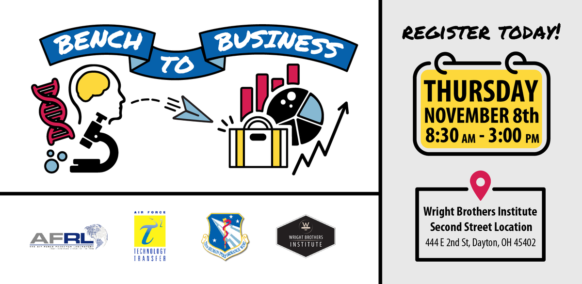 Registration is now open for the 2018 <a href="/AFResearchLab/">Air Force Research Lab - AFRL</a> 711th Bench to Business event! 
November 8
444 E. Second St. Dayton  444dayton.com
8:30am - 3:00pm
zurl.co/rLQd