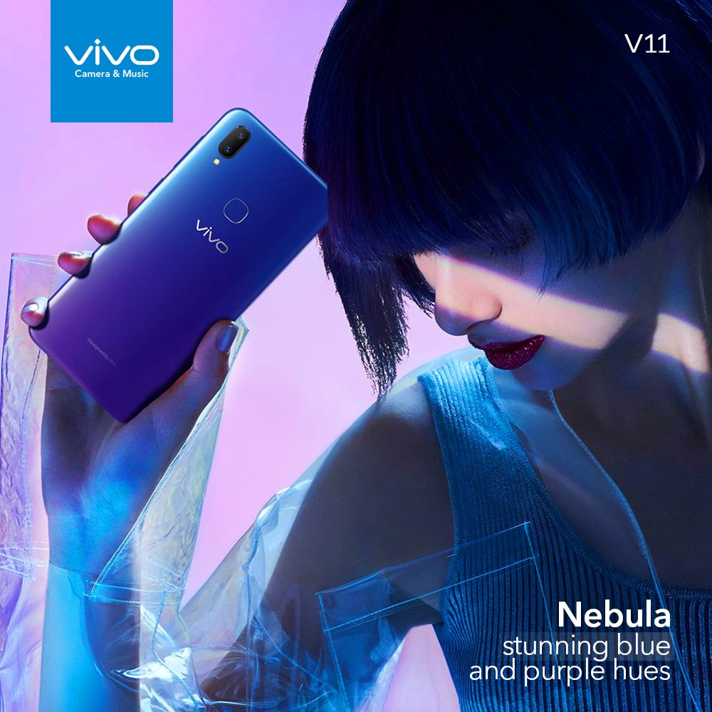 vivopakistan's tweet image. A color fusion that works for you with divine radiance of glistening stars making up nebula’s stunning blue and purple hues. #VivoV11 #Nebula #FusionColors