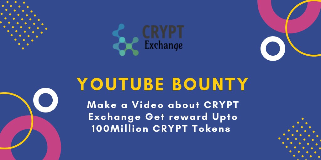 CRYPT EXCHANGE YOUTUBE BOUNTY
Make A good Quality Video and Fill this form

goo.gl/forms/4EcVXOjJ…

#CRYPT #Bounty #Youtube #100Million