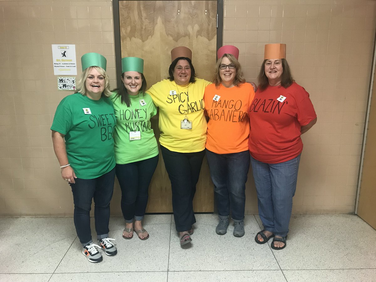 Delone_Catholic's tweet photo. Spirit Week Day 2: Matching/Grouping Day. We have some very creative students and staff. Wing sauces, fruit salad, Rosie Riveter Pac Man. #dschspiritweek #squiresgotschoolspirit #dchshoco2018 https://t.co/wTqUTBB91o