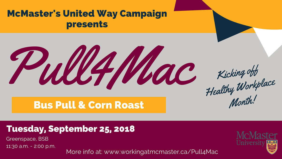 MacUnitedWay's tweet photo. Join us today (rain or shine!) to see the teams compete in the #Pull4Mac Bus Pull. Have a delicious corn &amp; chili lunch while you watch (only $5 with proceeds going to the @MacUnitedWay campaign)! 11:30am to 2:00 pm in front of BSB. https://t.co/cOWnDWb9t9