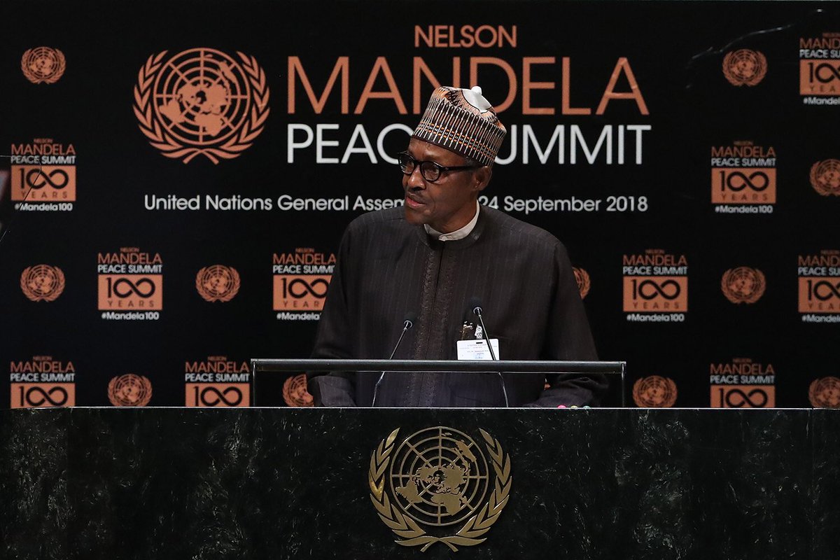 MBuhari's tweet photo. I addressed the Peace Summit organized in New York to mark the centenary of Nelson Mandela’s birth. His life symbolised uncommon humility, compassion, courage and forgiveness. We must continue to draw inspiration from his example, and strive to build on his legacy. https://t.co/AYARliixWE
