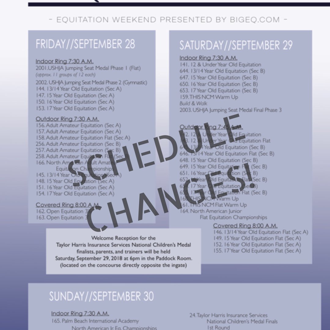 CapChallenge's tweet image. Equitation Weekend sponsored by @bigeq has had schedule changes since the prize list release. Visit our website for full schedule. Don’t miss your class!