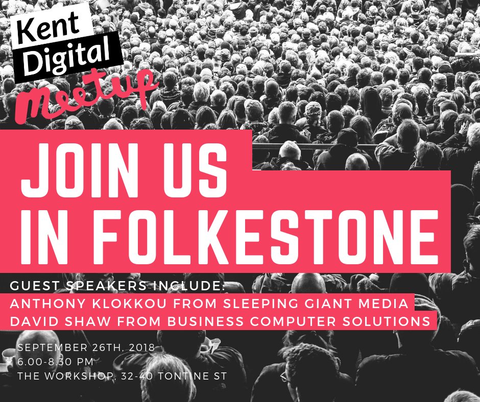 The debut of #KDM-Folkestone, come along and check it out, it's a cool venue and there'll be the usual treats of pizza and drink to go along with 2 awesome speakers. Wednesday 26th of September,The Workshop, Tontine St.
 <a href="/SleepingGiantM/">Sleeping Giant Media 💥</a> <a href="/Davidmarkshaw/">David Shaw</a> 
meetup.com/kent-digital-m…