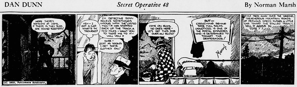 Hoganmag's tweet photo. Today in Comics History: Norman Marsh's hard-boiled detective strip "Dan Dunn" debuted on September 25, 1933. (Marsh had worked as a Secret Service agent and a Chicago police detective.) The first four dailies: https://t.co/lCySPuDwB3