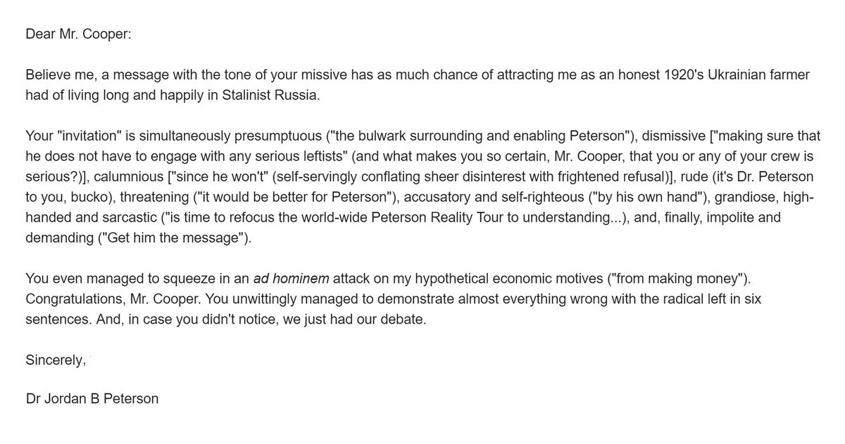 jordanbpeterson's tweet image. An "invitation" to "debate," and my response: