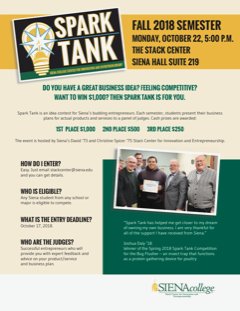 PITCH YOUR IDEA FOR THE CHANCE TO WIN UP TO $1,000! 🎉🎊
If you have a business idea and are interested in pitching at Spark Tank email us at stackcenter@siena.edu for more information.