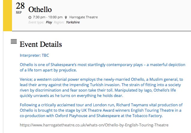 28th Sept 7.30pm #BSLinterpreted Othello @HGtheatre  Venice; a western colonial power employs the newly-married Othello, a Muslim general, to lead their army against the coming Turkish invasion. 
 @HuddsDeafCentre @CastleCommServs @SheffieldDeaf