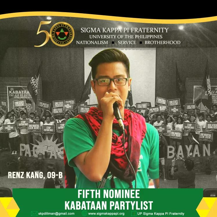 The Sigma Delta Pi Sorority congratulates our brother Florence "Renz" Kang for being selected as the 5th nominee of the Kabataan Party List!