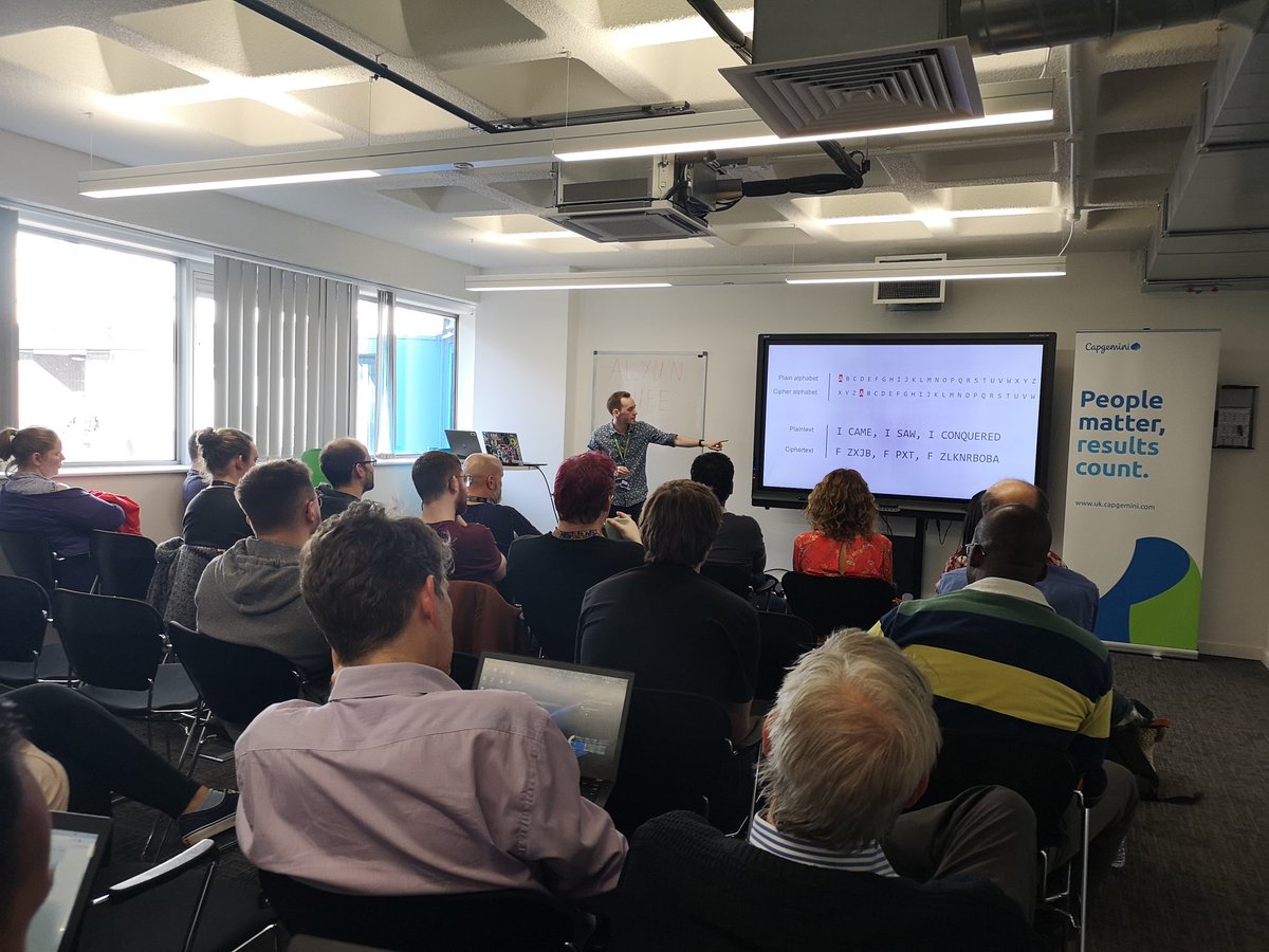 JonChatterboxW's tweet image. Interesting talk on the history of ciphers in the TechHub at Phoenix #CaesarCipher #jhufvbylhkaopz?