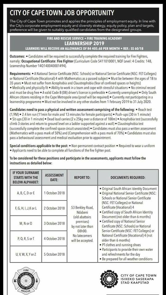 Careers Portal On Twitter Cityofct Firefighter Learnership Closing 5 October Click Here Https T Co Xp35gdzwue Jobseekerssa Unemploymentmustfall Https T Co Dbadzutvwq