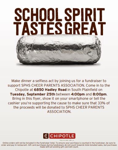 SPHSTigerCheer's tweet photo. Go to the South Plainfield Chipotle TONIGHT from 4-8PM for our fundraiser &amp; they’ll donate 33% of the proceeds to support the SPHS FALL CHEER TEAM! RT &amp; SHARE! See you all there! https://t.co/09GwDn4b3H