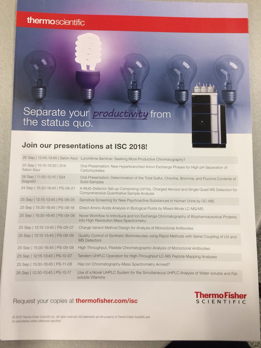ChromTim's tweet image. Tomorrow @ISC2018_Cannes is the Thermo Scientific seminar ‘Seeking More Productive Chromatography?’ at 12.45 in Salon Azur. Speakers are Joachim Weiss and @ChromTim. Hope to see you there!