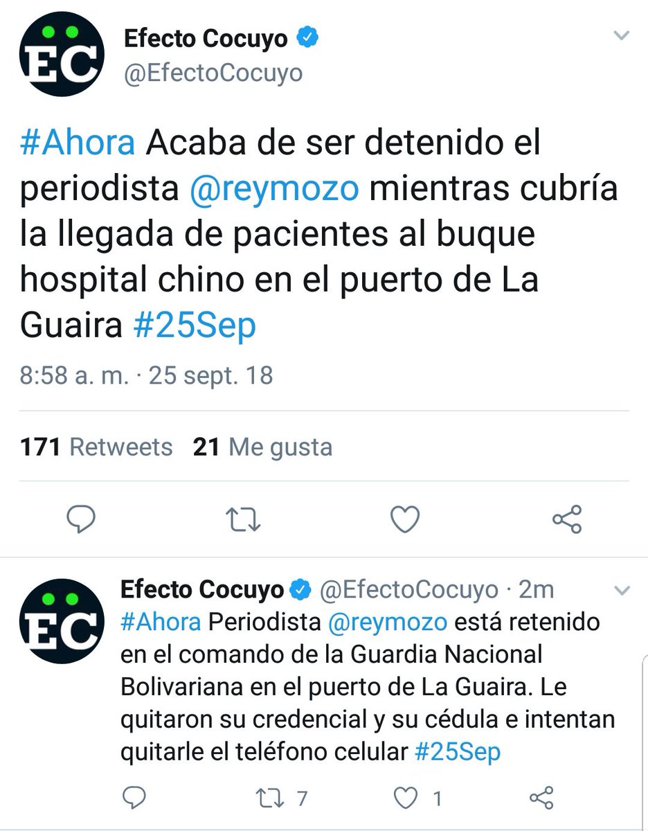 #25Sep Funcionarios de la GNB mantienen detenido al periodista <a href="/reymozo/">Reynaldo Mozo Zambrano</a> en el puerto de La Guaira, le quitaron su credencial y su cédula.  - 
<a href="/VPITV/">VPItv</a>