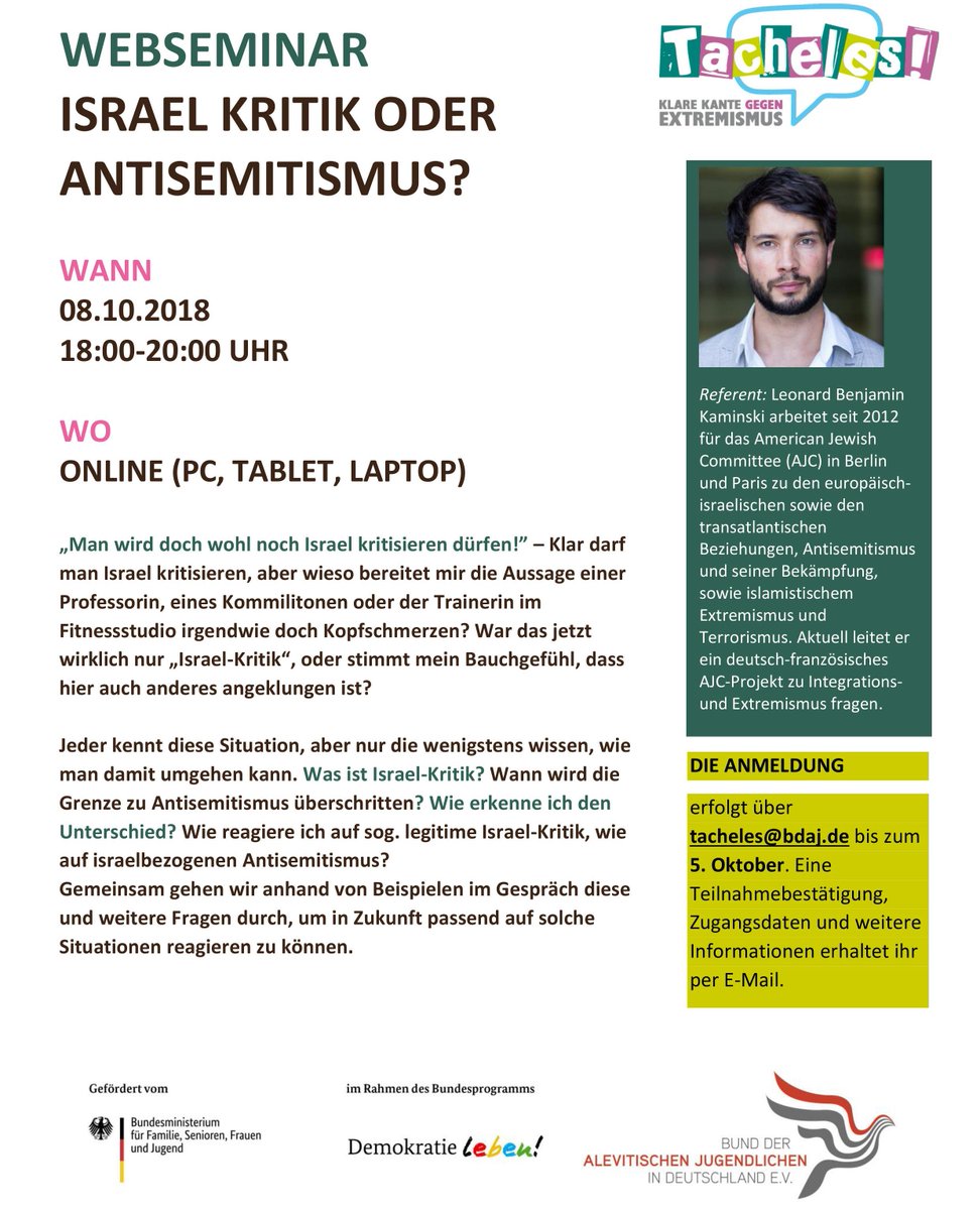 Ein spannendes Webseminar zum Thema "Israel - Kritik oder Antisemitismus" am 08. Oktober 2018. 

Schnell anmelden!