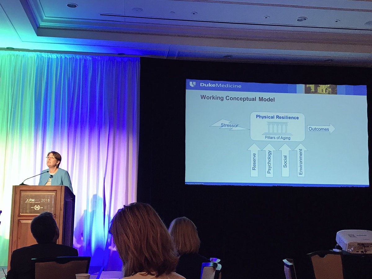 A fantastic talk at #PMWC18 about the biomarkers of physicial resilience, by Dr. Colon-Emeric @DukeU. Sometimes younger, more active people don’t recover as well from surgery as we might expect. Colon-Emeric is studying biomarkers of resilience and interventions like diet.