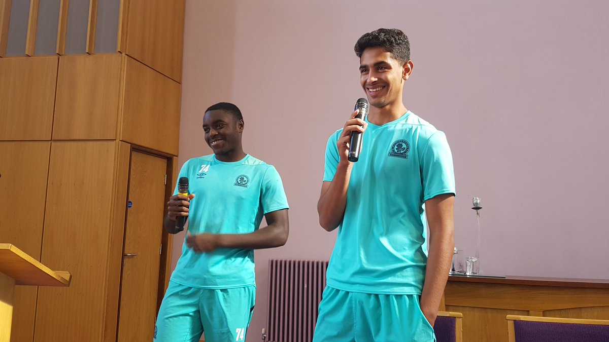 🇫🇷 Parlez-vous français? Two French-born @Rovers Academy starlets, Enzo Boyomo and Jalil Saadi, are at Trinity Methodist Church in Clitheroe to take questions in their native tongue from @ribbweb pupils as part of European Languages Week.