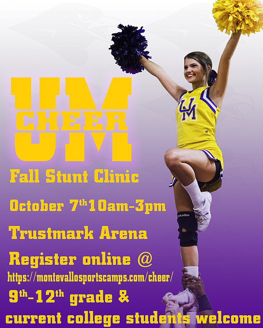 UM_Cheer's tweet photo. Our Fall Stunt Clinic will be on Sunday, October 7th from 10 a.m.-3 p.m. in Trustmark Arena. Check-in will begin at 9:30 a.m. Register online today @ https://t.co/tuXJEhEs8T #collegecheer #stuntclinic #umcheer #collegeprep #vallonation #youbelongatmontevallo #share #fireupfalcons https://t.co/pjvIrqL19j