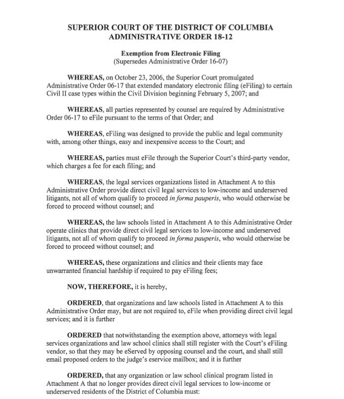 DC_Bar's tweet photo. DC Superior Court orders exemption from electronic filing for named #LegalServiceProviders and #law school clinics that provide direct civil legal services to low-income and underserved litigants. https://t.co/iLzQ8WKHEm #DCBarCaseLaw https://t.co/XhQlnc1O1u