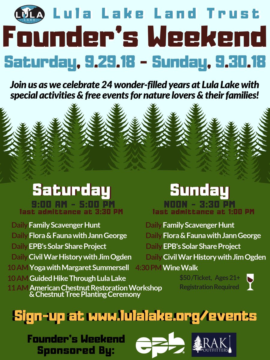 Join us this Saturday and Sunday for our fifth annual Founder's Weekend! 🎉 We're celebrating 24 wonder-filled years at Lula Lake with special activities and FREE events. Visit ➡️ lulalake.org/events ⬅️ to sign-up. #CHA