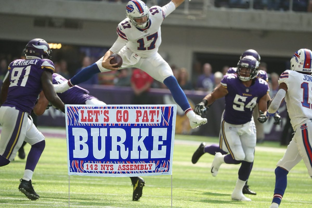 PatBurkeNY's tweet photo. Look at Josh Allen trying to get all of this undeserved attention by jumping over my lawn sign; typical quarterback. Also, if you live in the 142nd, you can request a lawn sign here. https://t.co/qZfFa6GLQr #BuffaloProud #Billeive @WGRZSports @JeremyWGR @viccarucci @espn https://t.co/j6U3GLJoNL