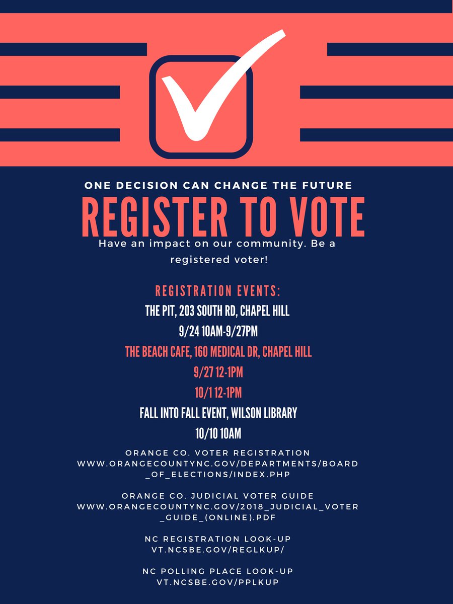 GPSGatUNC's tweet image. It&apos;s National Voter Registration Day! We&apos;ve created for you a Voter Registration Guide below giving you info on registration events around campus, as well as some NC/Orange County voter guides.