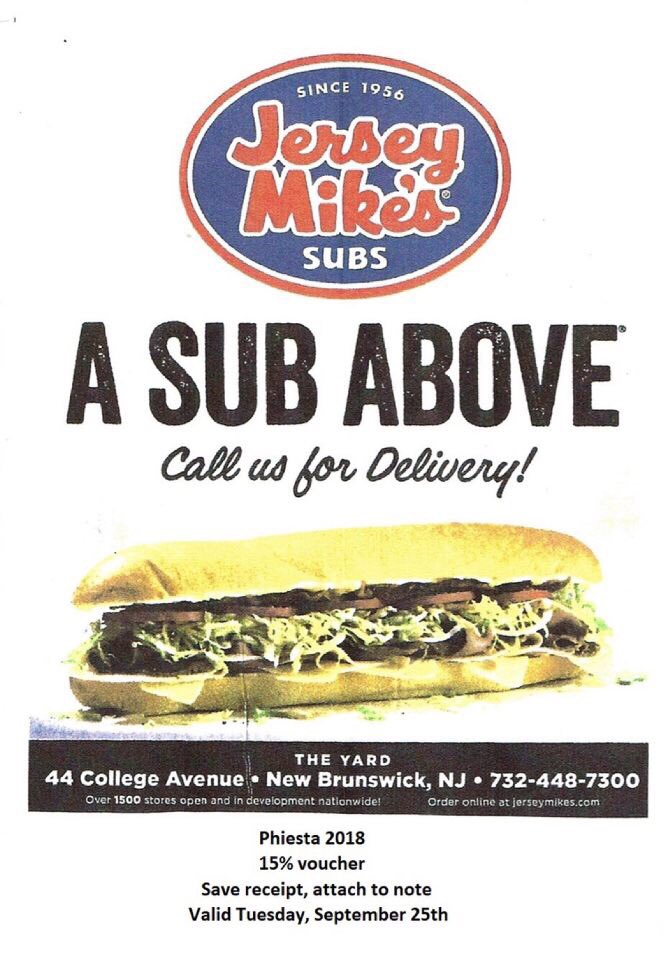 Stop by Jersey Mike’s today and present this flyer to have 15% of the proceeds go towards Phiesta‼️‼️