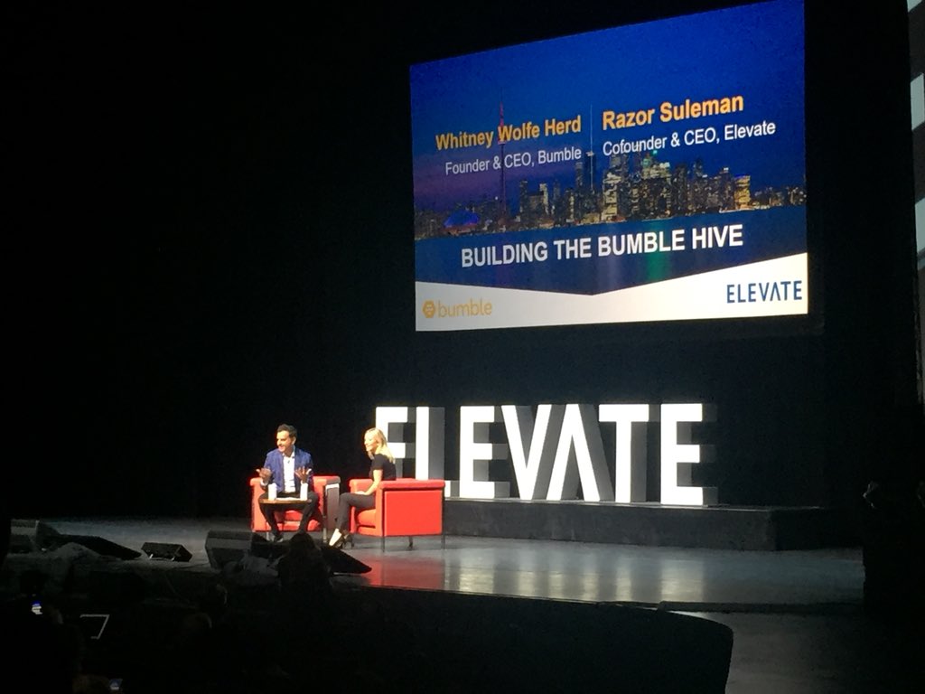 XingChristina's tweet photo. CEO&amp;Founder of @bumble Whitney Wolf Herd shares her personal journey in building the Bumble hive with the CEO of Elevate Razor Suleman at the #ElevateTechFest. A real inspiring talk on empowering female in building today's startups! https://t.co/l96auzW8F5