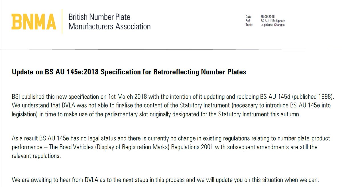 BNMAPlates's tweet photo. Update on the number plate British Standard. 
@DVLAgovuk #BSAU145e #BritishStandard #MotorTrade #NumberPlates #Legislation https://t.co/sfAbZepQCM