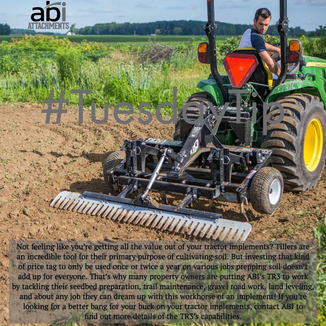 ABIattachments's tweet photo. #TuesdayTip Don't bother changing your implements out constantly! Best thing about our implements: One Tool Does It All. What a time saver! #level #grade #scarifier #pulverize #cultipacker #harrow https://t.co/JE4eV6ll1z