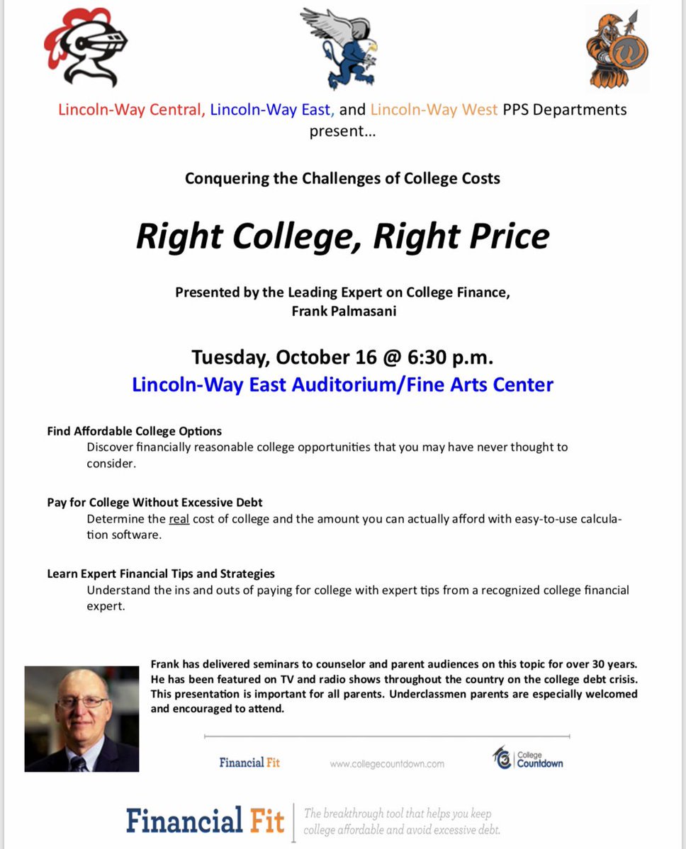 LW West PPS (@lwwpps) on Twitter photo Please mark your calendars for an important evening event! <a href="/collegefitfrank/">Frank Palmasani</a> will be presenting Right College, Right Price-Conquering the Cost of College on Tuesday, 10/16 at 6:30 pm in the LWEast Auditorium. This is a great fit for all high school students and their parents. Please mark your calendars for an important evening event! <a href="/collegefitfrank/">Frank Palmasani</a> will be presenting Right College, Right Price-Conquering the Cost of College on Tuesday, 10/16 at 6:30 pm in the LWEast Auditorium. This is a great fit for all high school students and their parents.