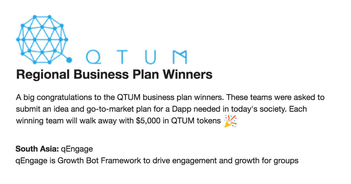 qEng_GrowthBot's tweet photo. Extremely happy and exalted to announce that we have won the Business Plan Competition for the South Asia Region for the #qtumhackathon! Thankyou @QtumOfficial for the incredible opportunity! https://t.co/EuBVpixDEl