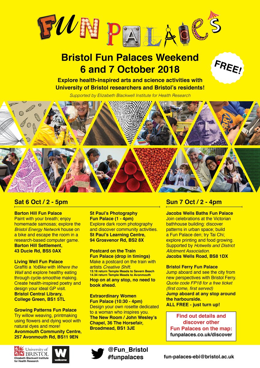 Fun Palaces is NEXT WEEKEND!! See #whatson here and discover more on the map: funpalaces.co.uk/discover/ WITH: <a href="/EBIBristol/">Elizabeth Blackwell Institute</a> @BristolFerry @SevernsideCRP <a href="/Avonmouth/">Avonmouth Community Centre</a> @BHillSettlement <a href="/BristolLibrary/">Bristol Libraries</a> <a href="/YoBikeUK/">YoBike</a> <a href="/wherethewall/">Where The Wall</a> <a href="/EdibleBristol/">IncrEdibleBristol</a> <a href="/JWBaths_Centre/">Jacobs Wells Baths</a> <a href="/NewRoomBristol/">John Wesley’s New Room</a> <a href="/capcbristol/">CAPC, Bristol</a> :)