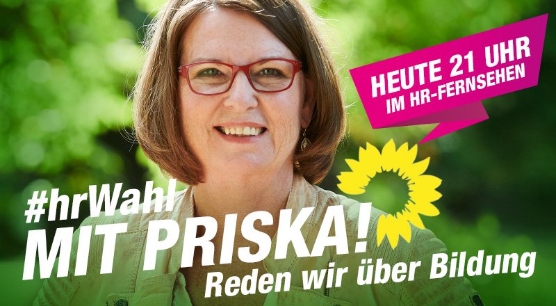 gruenehessen's tweet photo. Kleiner TV-Tipp. Heute Abend um 21 Uhr im @hrfernsehen: #hrWAHL zum Thema #Bildung. Mit dabei unsere Spitzenkandidatin @PriskaHinz. Einschalten lohnt sich! #LtwHE18 https://t.co/2e91E1eq2Z
