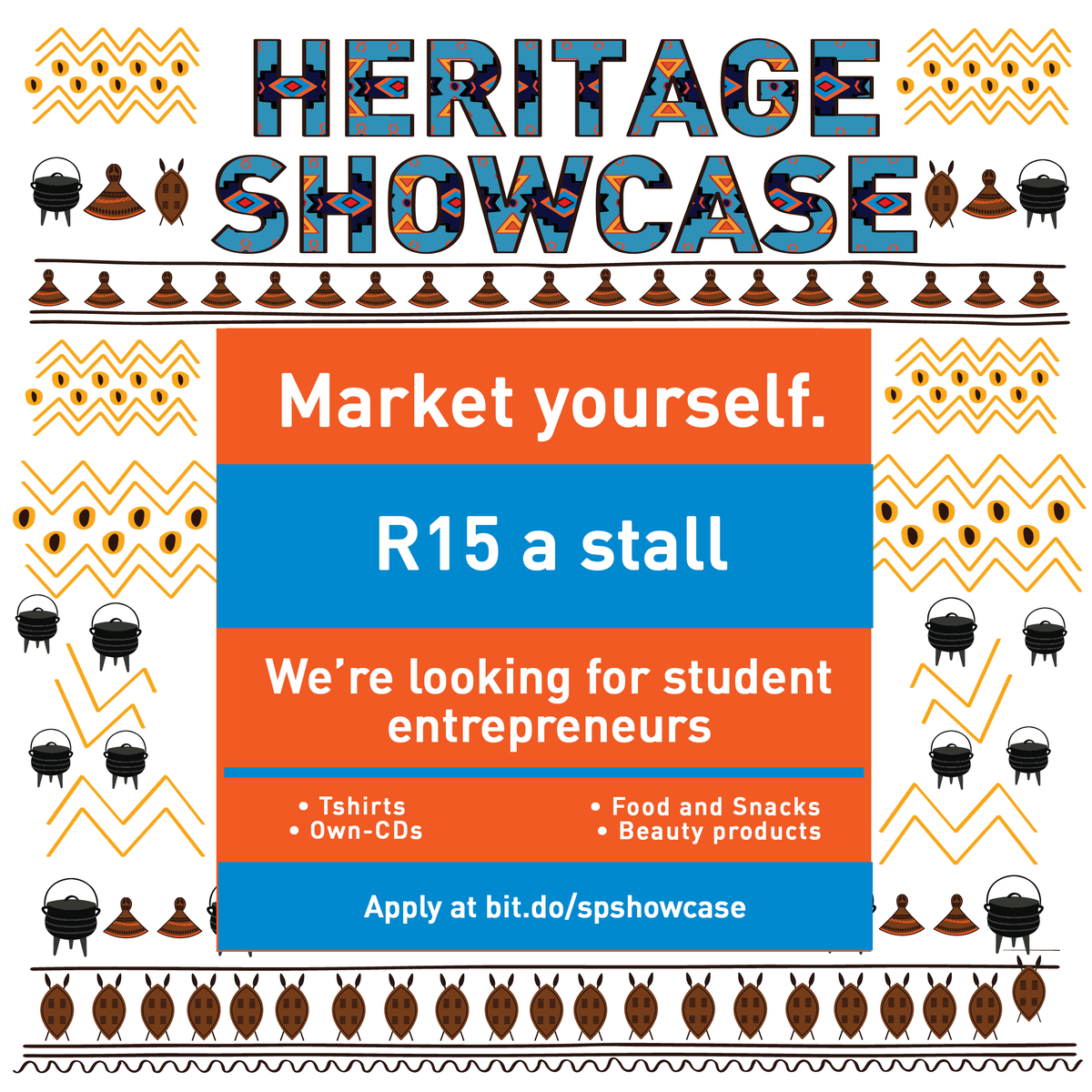 spx_cpt's tweet photo. South Pointers, why not gather support around youthful South African entrepreneurship?!
Apply as a showcase vendor: https://t.co/IdxBrlU87I
FINAL APPLICATION DATE: Wednesday, 26 September 2018 (18h00)
#SPShowcase #HeritageDay #studentbrands #entrepeneurship #marketday https://t.co/I8T6MJsOzC