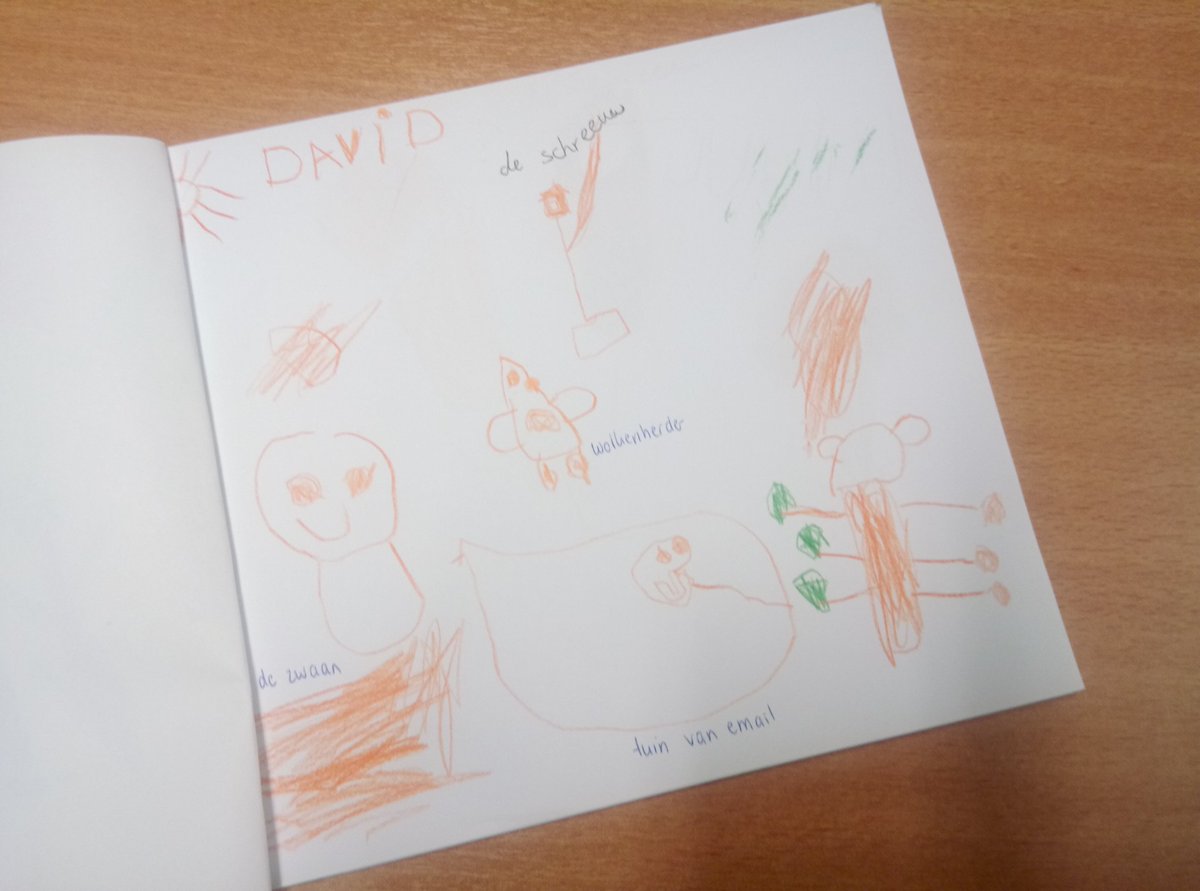 Lief! De kleuters van de Vuurvogel uit Malden maakten een speciaal boek vol tekeningen van Zwaan en haar vriendjes <a href="/krollermuller/">Kröller-Müller Museum</a>. Mijn dag kan niet meer stuk!