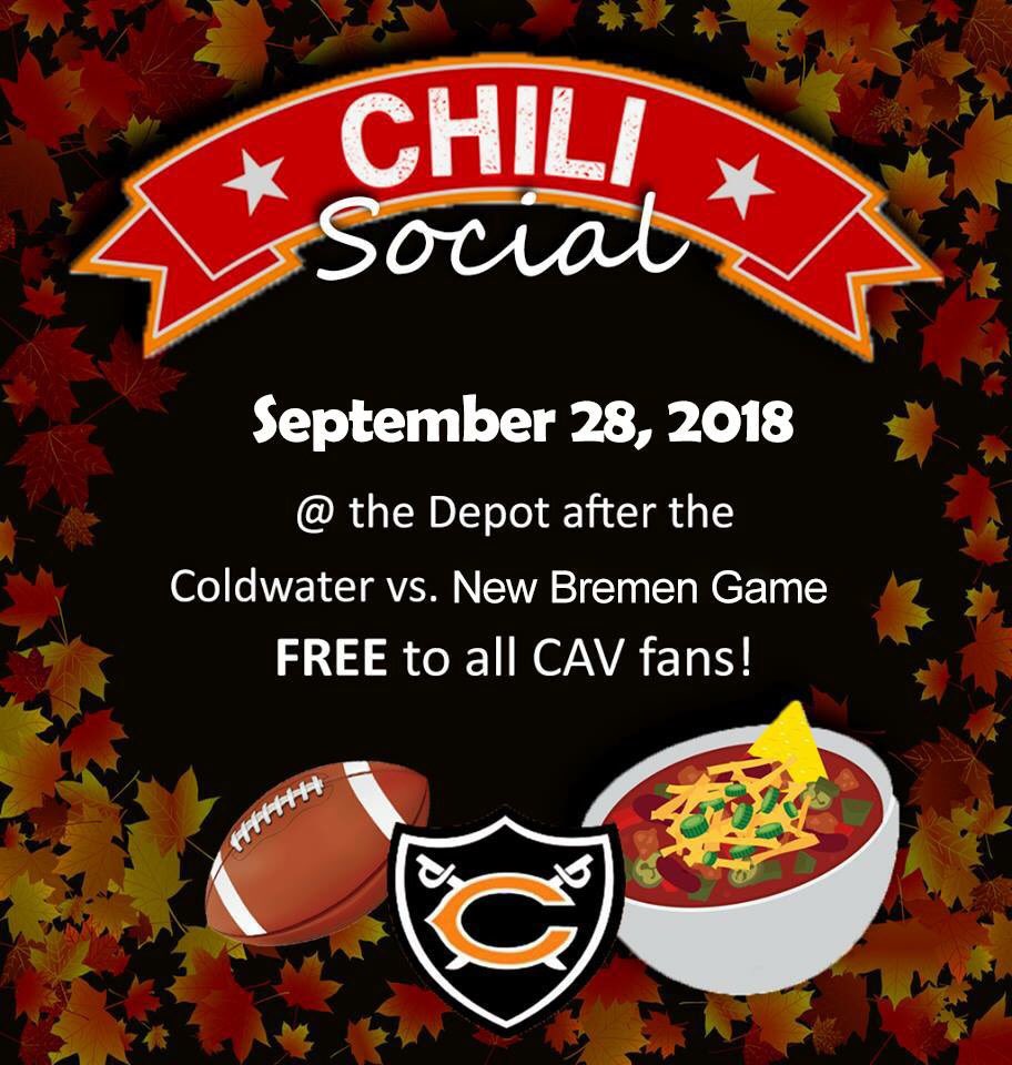 Reminder, Coldwater Athletic Boosters are hosting their Chili Social this Friday September 28th at the Depot immediately following the football game.  THE ENTIRE CAVALIER COMMUNITY IS INVITED!!  Come celebrate homecoming with free chili, wings, chips, and beverages.