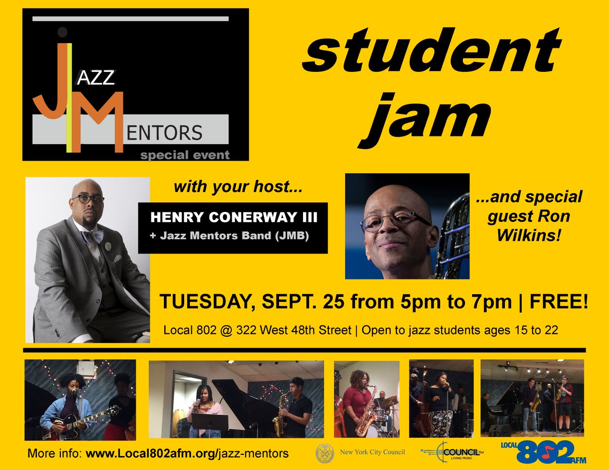 Local_802_AFM's tweet photo. TODAY @ 5 PM: @thehc3, @EOwensOnBass, @johnkchin, and guest artist @RonWilkins57 are excited to share their love of music with jazz students ages 15-22 at the #JMStudentJam! We'll see you there for a fun evening full of making music and new friends! https://t.co/h8yv4NYnAT https://t.co/g8CCwhMWzx