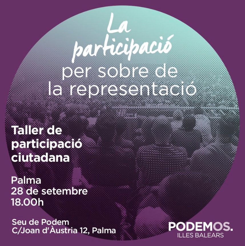 Aquest divendres, la família es reuneix.👫👬
La germanor i les idees pensades en grup seran les protagonistes al Taller de Participació Ciutadana de Podem. T'hi esperam a la nostra seu a les 18:00h. Fem i milloram Podem amb tu😊
#Palma #Mallorca #aPalmaPODEM