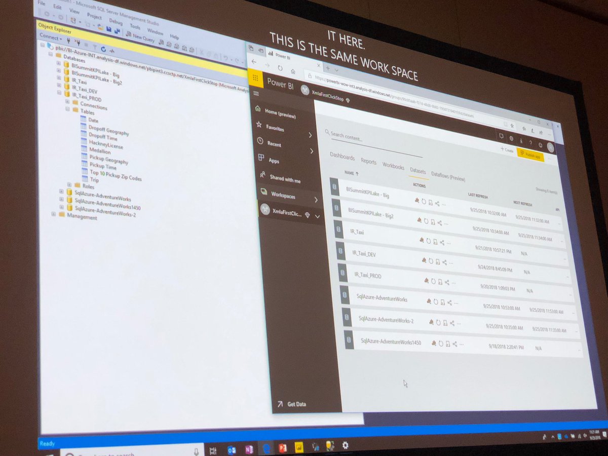 jasehimm's tweet photo. New XMLA end point in #PowerBI allows you to connect to Power BI using other data management tools, like #SQLServer Management Studio, or competitors like #Tableau, and see workspaces as though they were databases. #GameChanger https://t.co/oQ6gMr4ijr