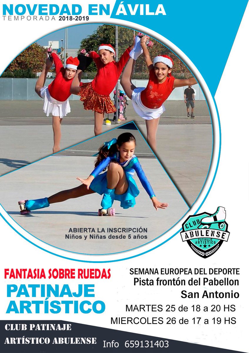 NOVEDAD EN ÁVILA 
Dentro de la Semana Europea del Deporte. Patinaje artístico en el Pabellón de San Antonio.
#SemanaEuropeaDelDeporte #BeActive