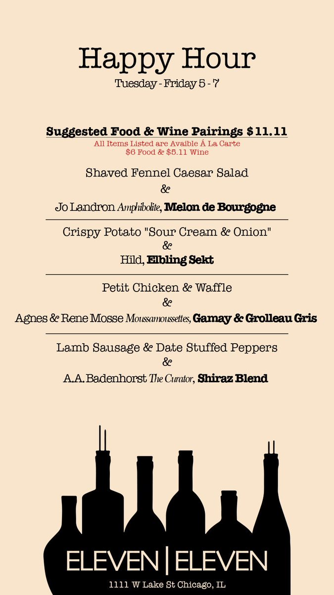 ElevenElevenChi's tweet photo. New Happy Hour Menu // Tuesday - Friday 5-7 #1111somms #wishyouwerehere #wine #winechicago #eaterchicago #thewestloopisthebestloop #happyhour https://t.co/xU62gBIDNC