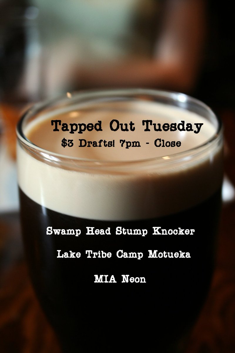 7thHillTaproom's tweet photo. It's #TappedOutTuesday again and this week we've got #StumpKnocker by @SwampHead, #CampMotueka by @LakeTribeBrew, and #Neon by @MIAbeerco all for only $3 a pour! https://t.co/jCzYxKmaPN
