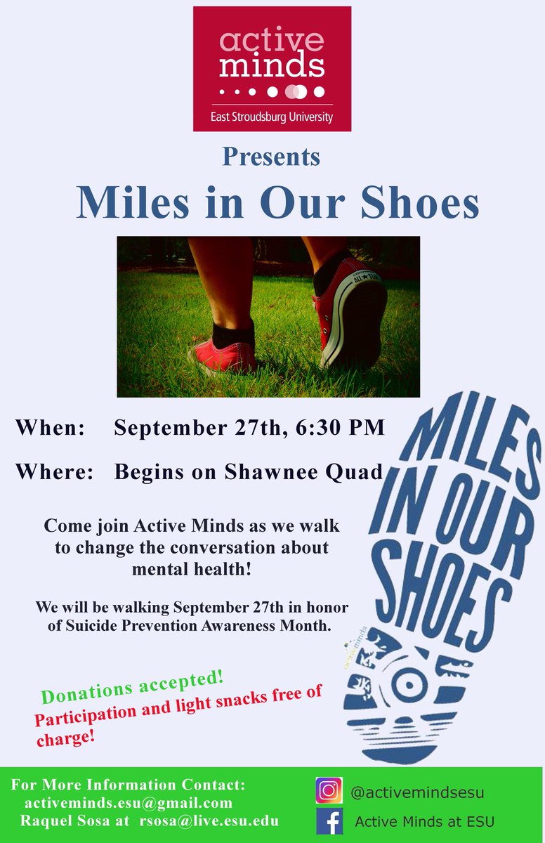 ActiveMindsESU's tweet photo. Tonight’s walk prior to Out of Sight has been POSTPONED due to the rain! It will now take place on Thursday at 6:30. Hope to see you there! https://t.co/xJvjJRJBHD